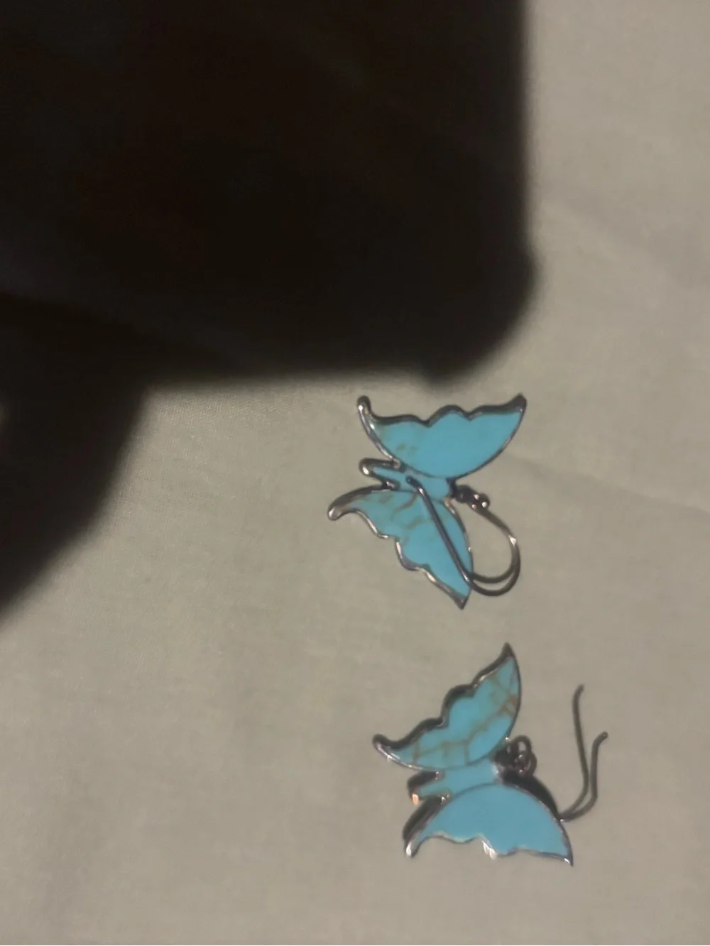 Butterfly Drop Earrings — Turquoise and Silver Tone